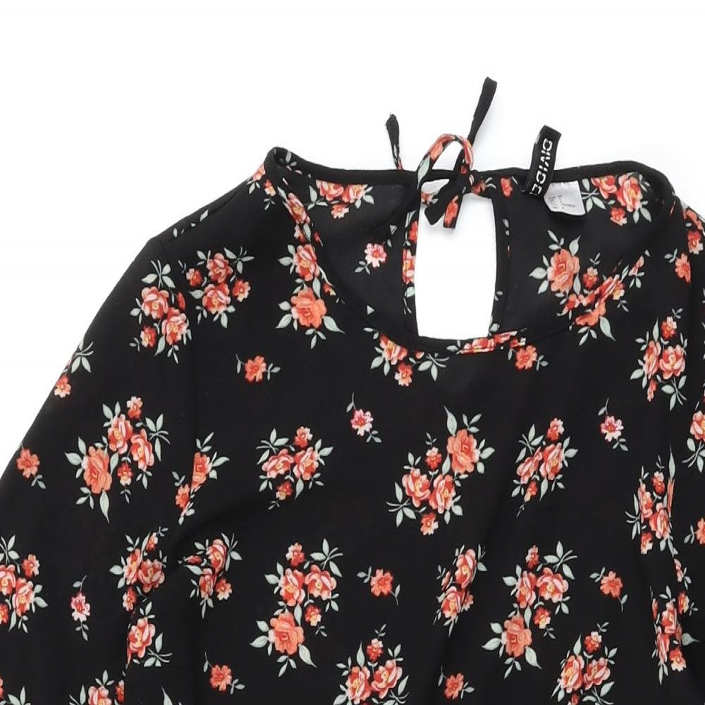 H&M Womens Black Floral Polyester Skater Dress Size 6 Round Neck Tie