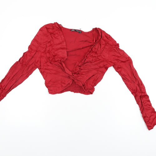 Zara Womens Red Viscose Cropped Blouse Size S V-Neck