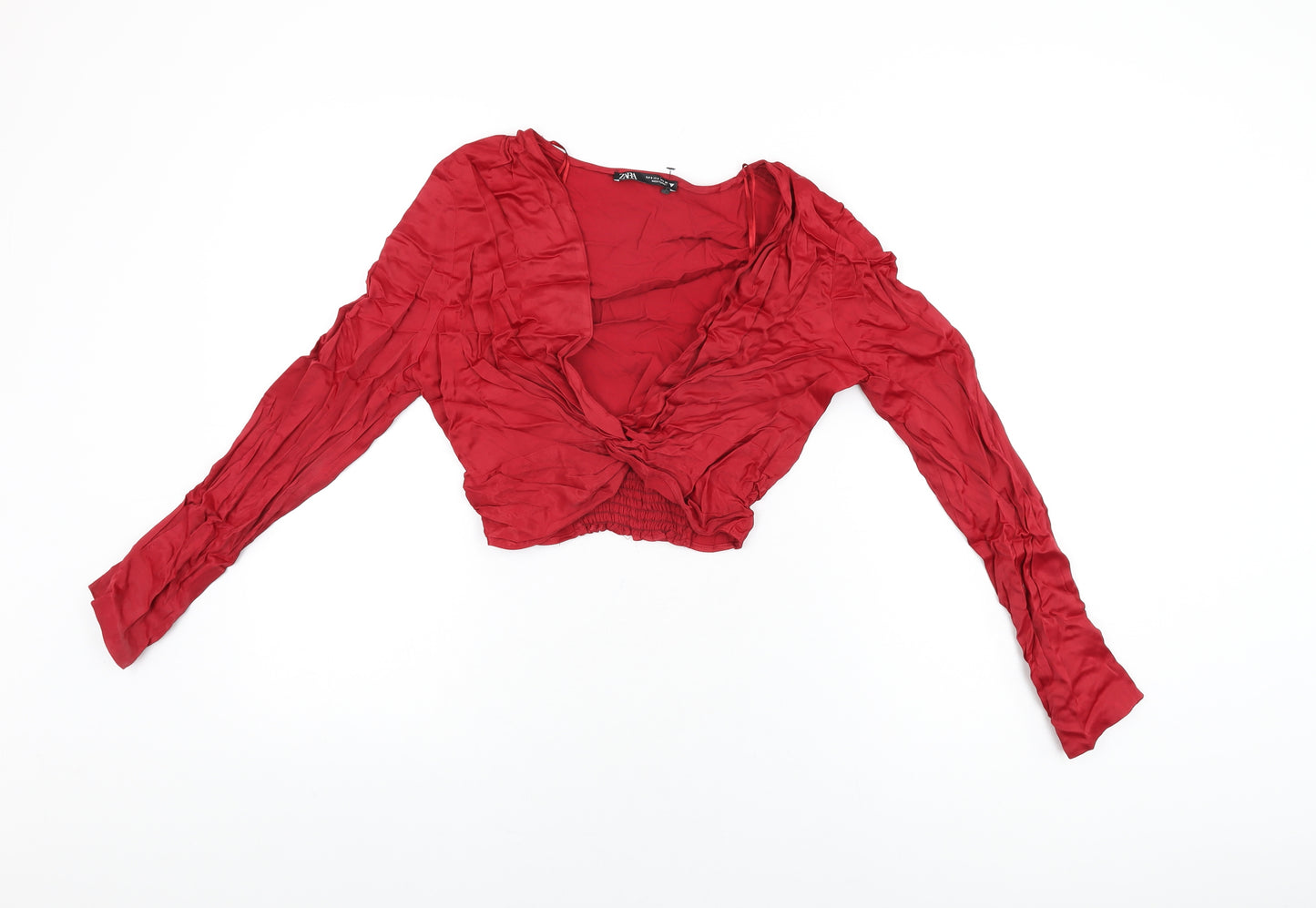 Zara Womens Red Viscose Cropped Blouse Size S V-Neck