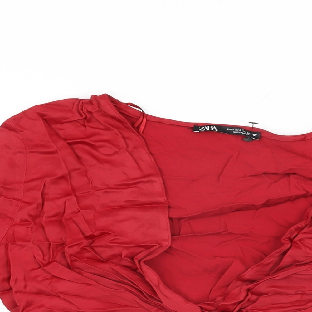 Zara Womens Red Viscose Cropped Blouse Size S V-Neck