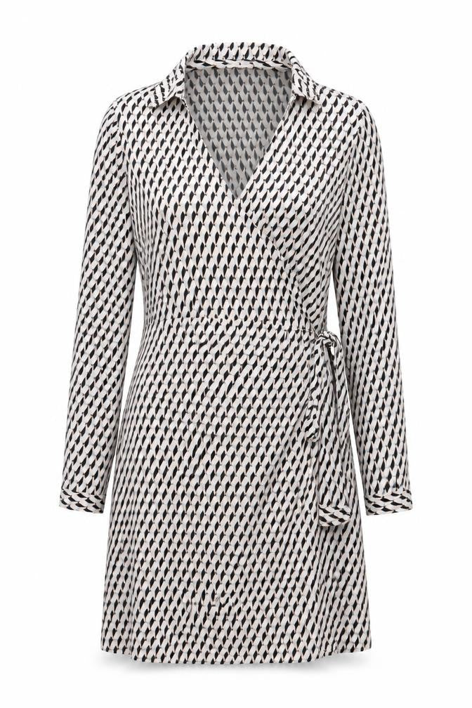 Front view of PRETTYLITTLETHING women’s multicoloured geometric polyester wrap dress, size UK 16, v-neck tie