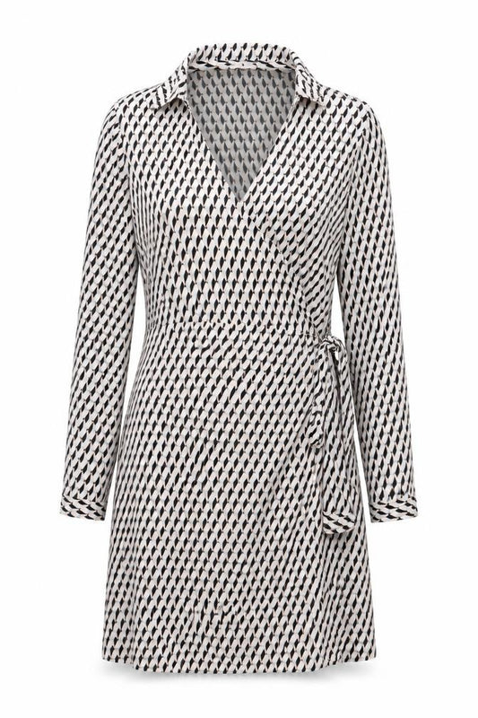 Front view of PRETTYLITTLETHING women’s multicoloured geometric polyester wrap dress, size UK 16, v-neck tie