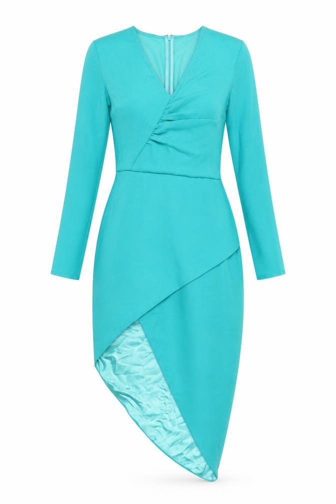 Front view of VLabel London women’s blue polyester bodycon, size UK 4, v-neck zip