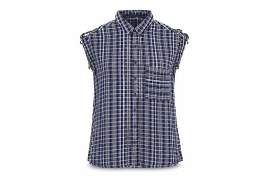 Front view of Next women’s blue geometric viscose basic button-up, size UK 12, collared