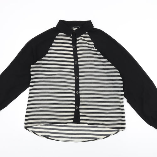 Miso Womens Black Striped Polyester Basic Button-Up Size 14 Collared