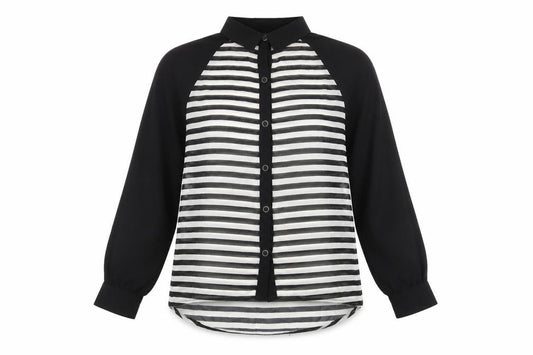 Front view of Miso women’s black striped polyester basic button-up, size UK 14, collared
