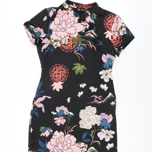 Zara Womens Black Floral Polyester Mini Size S Round Neck Zip