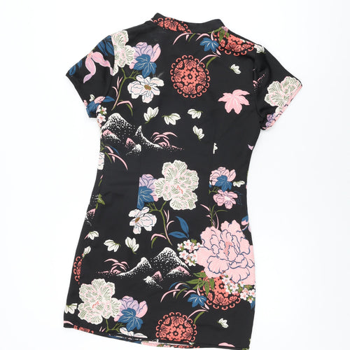 Zara Womens Black Floral Polyester Mini Size S Round Neck Zip