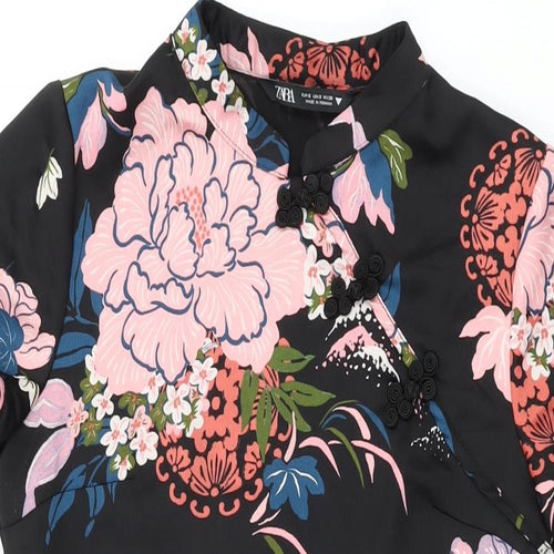 Zara Womens Black Floral Polyester Mini Size S Round Neck Zip