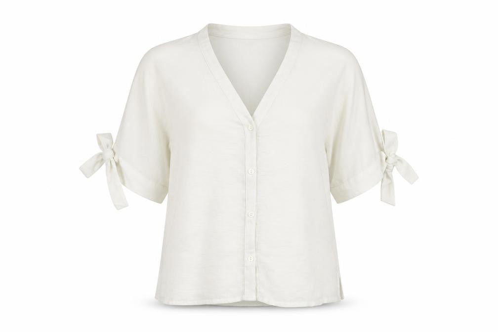 Front view of New Look women’s white polyester basic button-up, size UK 14, v-neck
