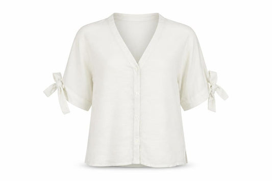 Front view of New Look women’s white polyester basic button-up, size UK 14, v-neck