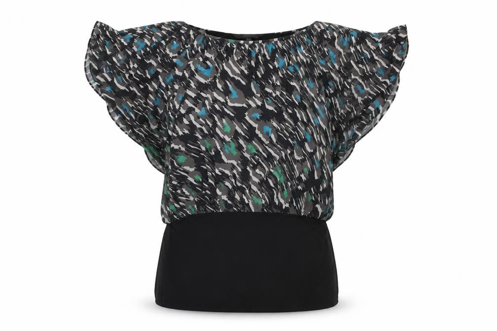 Front view of Coast women’s black geometric silk basic blouse, size UK 8, boat neck