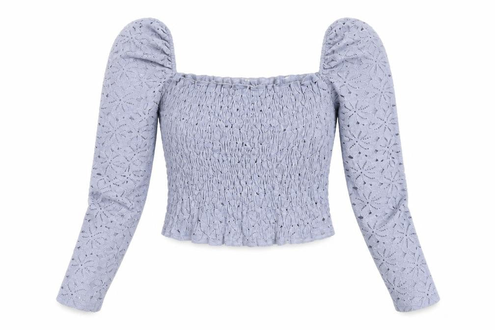 Front view of Topshop women’s blue polyester cropped t-shirt, size UK 10, square neck