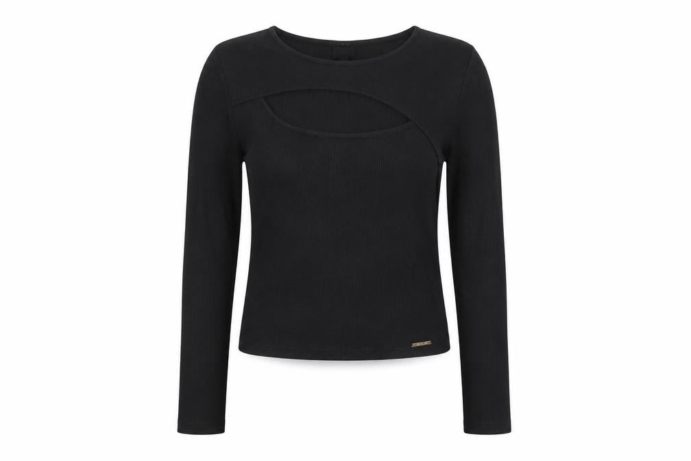 Front view of River Island women’s black polyester basic t-shirt, size UK 8, round neck