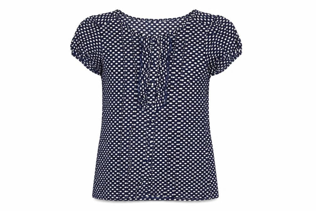 Front view of Marks & Spencer women’s blue geometric polyester basic button-up, size UK 12, round neck