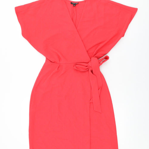 Topshop Womens Red Polyester Wrap Dress Size 8 V-Neck Tie