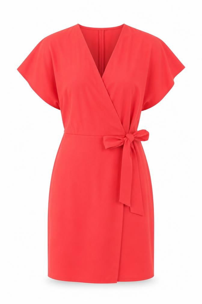Front view of Topshop women’s red polyester wrap dress, size UK 8, v-neck tie