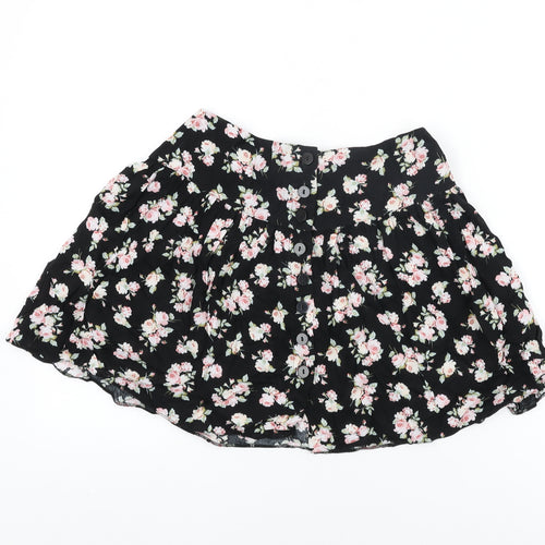 ASOS Womens Black Floral Viscose Mini Skirt Size 10 Button