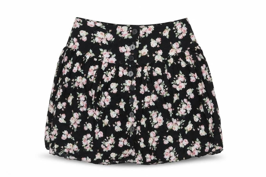 Front view of ASOS women’s black floral viscose mini skirt, size UK 10, button