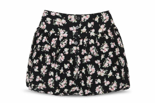 Front view of ASOS women’s black floral viscose mini skirt, size UK 10, button