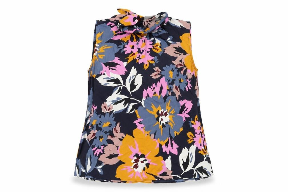 Front view of H&M women’s black floral polyester basic blouse, size L, round neck