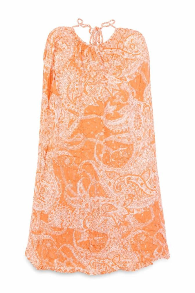 Front view of ASOS women’s orange geometric viscose shift, size UK 6, round neck tie