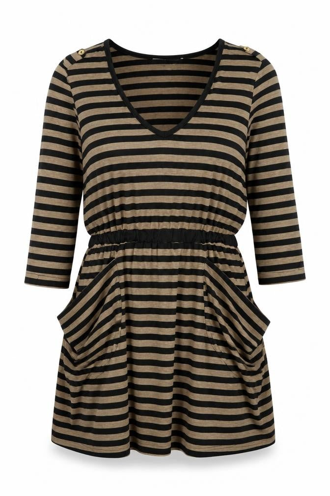 Front view of Uttam Boutique women’s brown striped polyester shift, size UK 8, round neck pullover