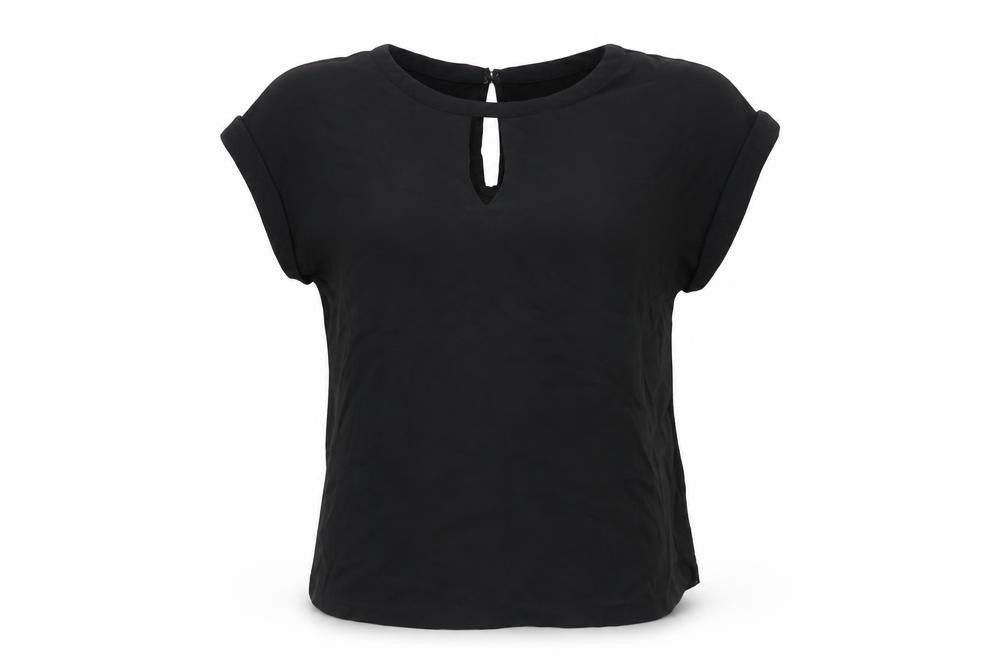 Front view of Warehouse women’s black polyester basic t-shirt, size UK 10, round neck