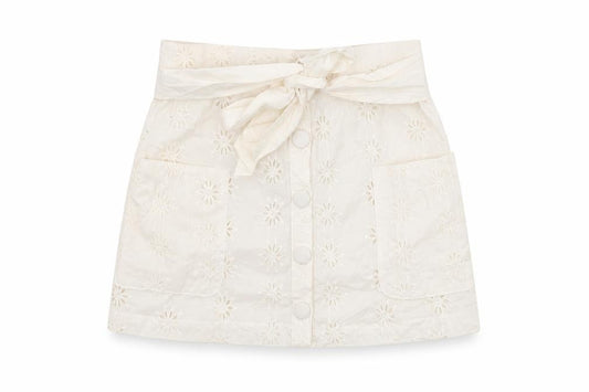 Front view of ASOS women’s white floral cotton mini skirt, size UK 8, button