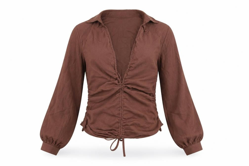 Front view of PRETTYLITTLETHING women’s brown polyester basic blouse, size UK 8, collared