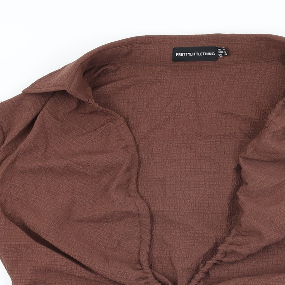 PRETTYLITTLETHING Womens Brown Polyester Basic Blouse Size 8 Collared