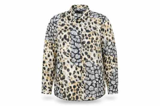 Front view of ASOS women’s multicoloured animal print polyester basic button-up, size UK 10, collared