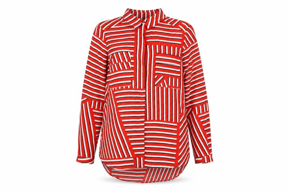 Front view of Dorothy Perkins women’s red geometric polyester basic blouse, size UK 14, collared