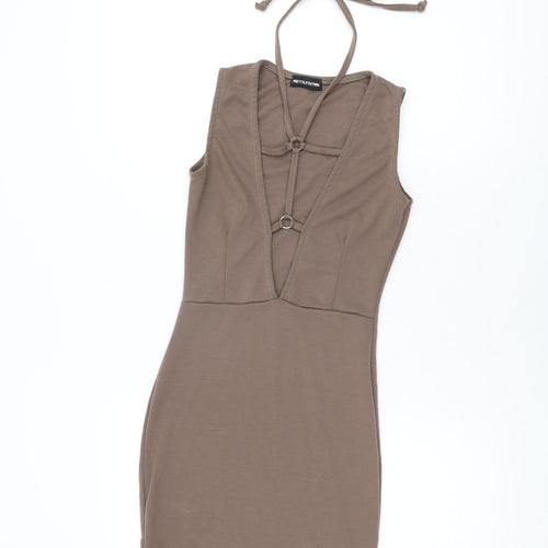 PRETTYLITTLETHING Womens Brown Polyester Bodycon Size 6 V-Neck Tie
