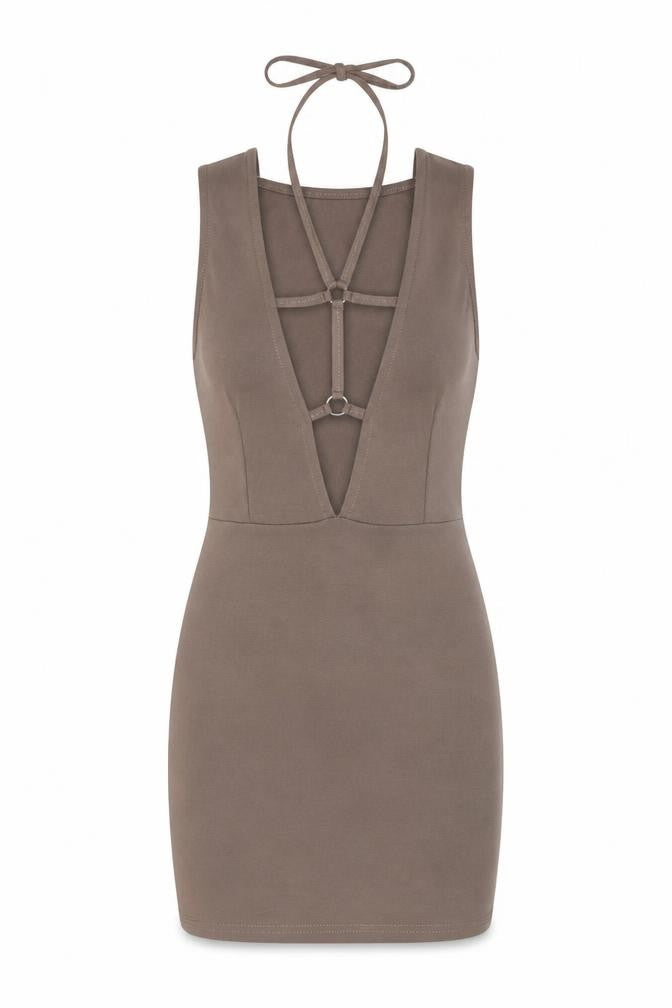 Front view of PRETTYLITTLETHING women’s brown polyester bodycon, size UK 6, v-neck tie