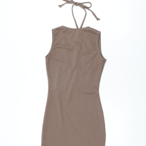 PRETTYLITTLETHING Womens Brown Polyester Bodycon Size 6 V-Neck Tie