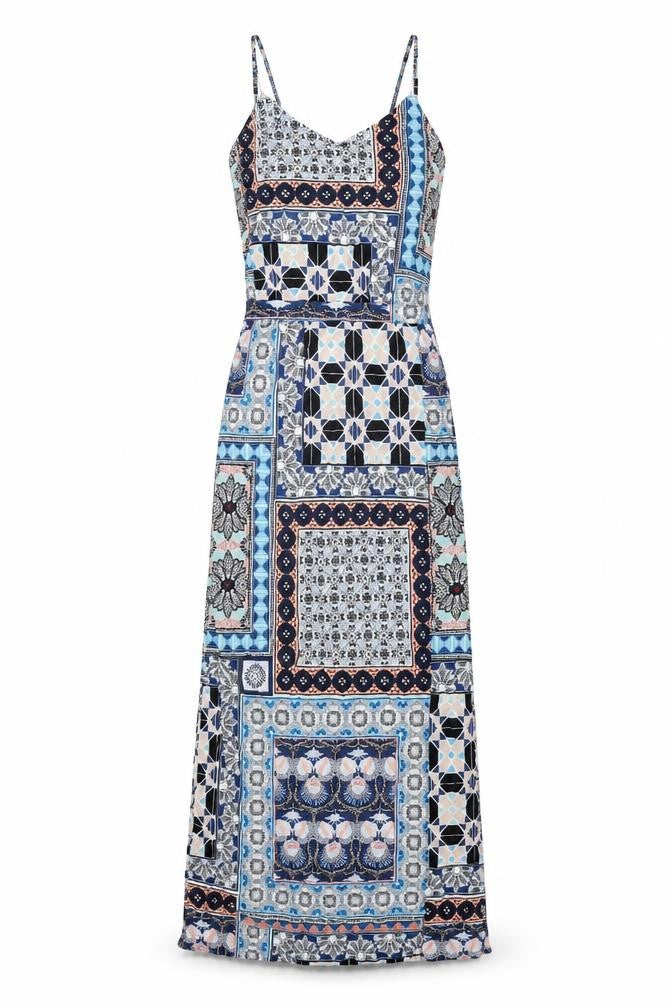 Front view of Warehouse women’s multicoloured geometric viscose maxi, size UK 8, v-neck pullover