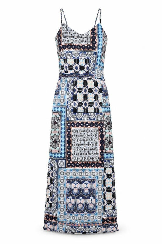 Front view of Warehouse women’s multicoloured geometric viscose maxi, size UK 8, v-neck pullover