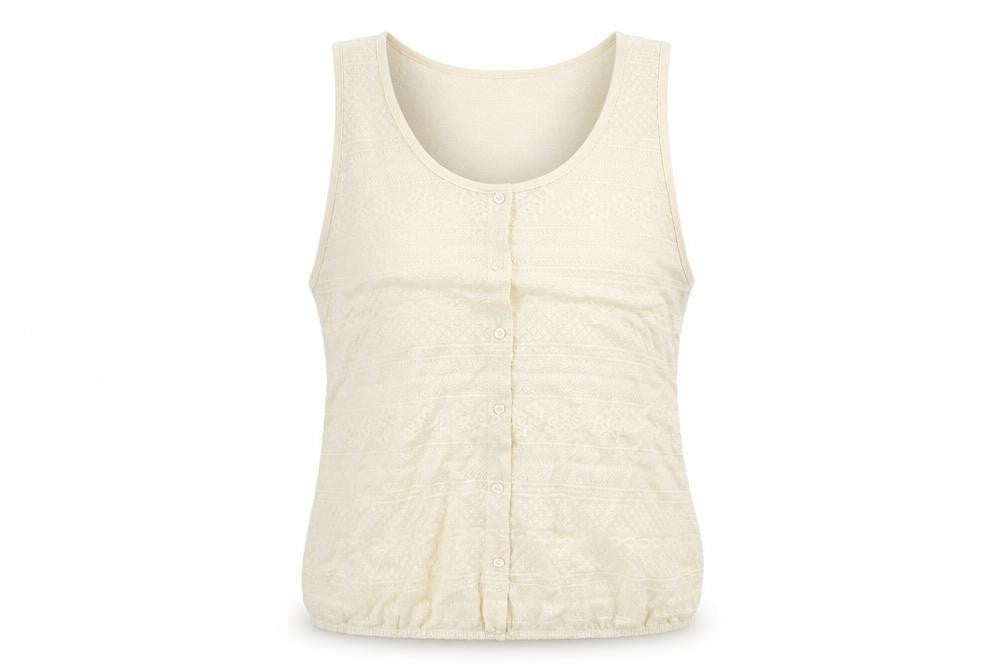 Front view of River Island women’s ivory polyester basic t-shirt, size UK 12, scoop neck