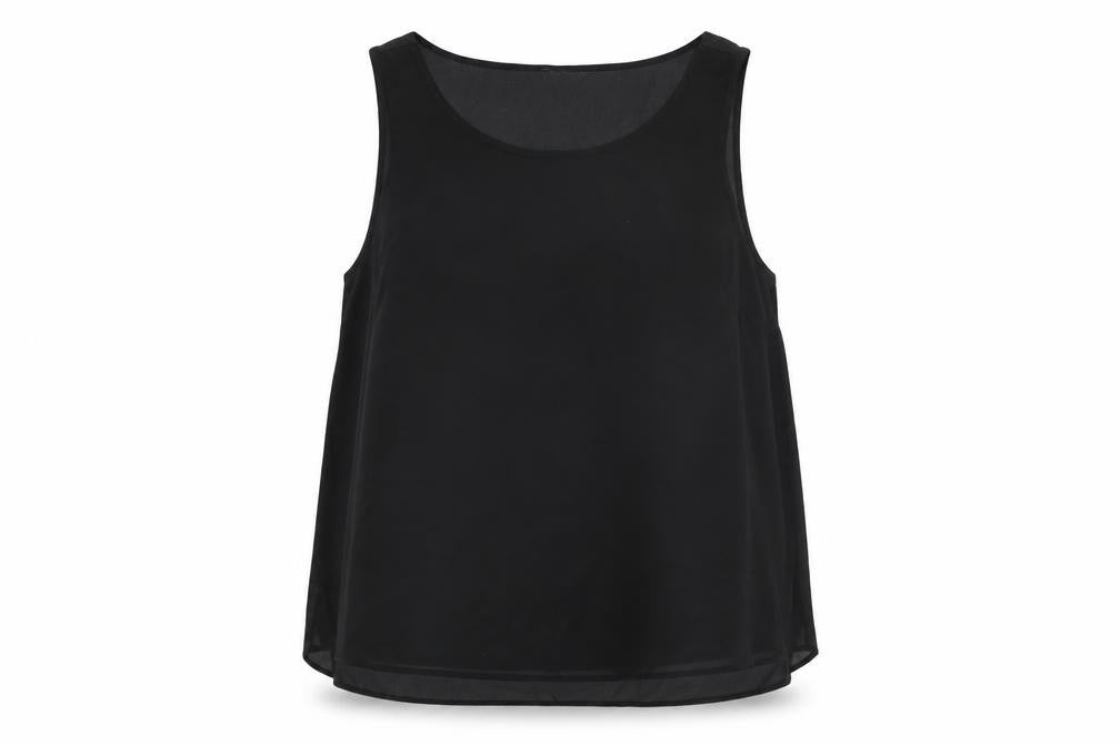 Front view of Dorothy Perkins women’s black polyester basic t-shirt, size UK 12, round neck