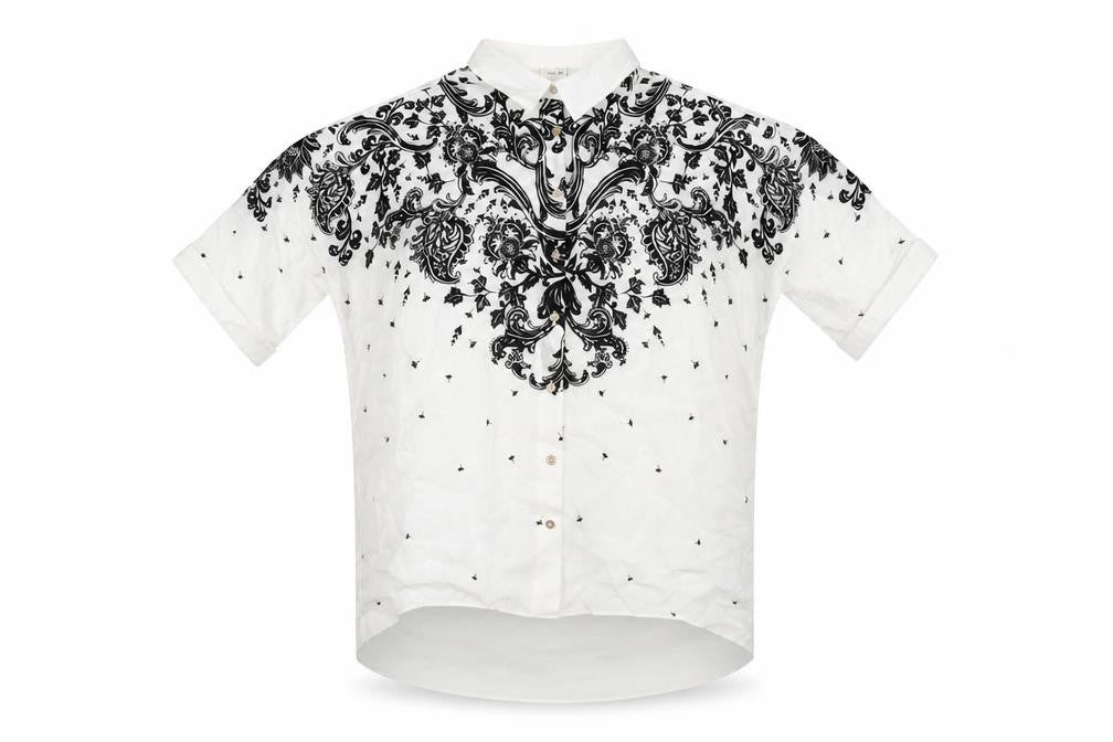 Front view of River Island women’s white geometric polyester basic button-up, size UK 6, collared