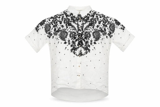 Front view of River Island women’s white geometric polyester basic button-up, size UK 6, collared