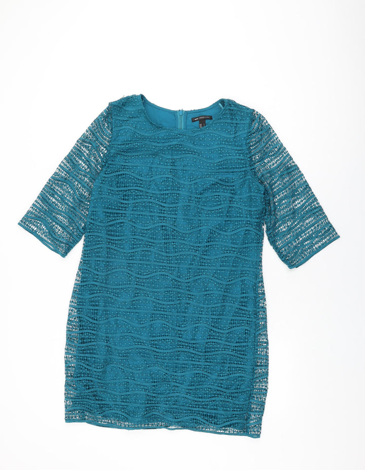 Mango Womens Blue Geometric Polyester Shift Size M Round Neck Zip