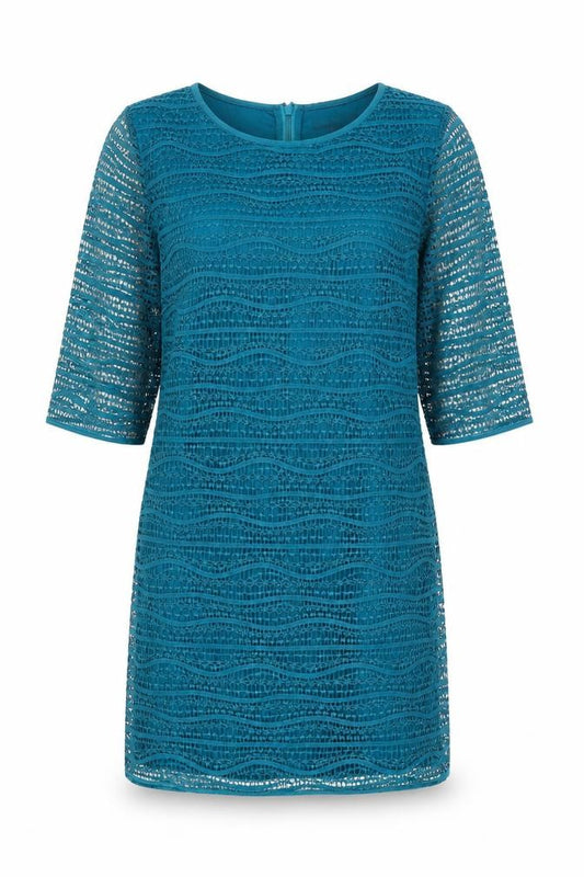 Front view of Mango women’s blue geometric polyester shift, size M, round neck zip