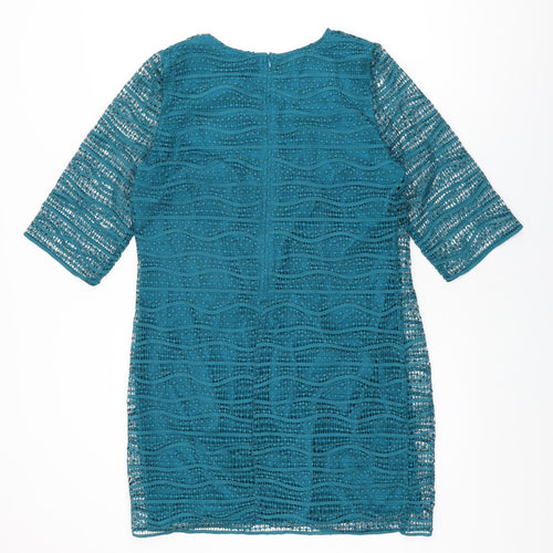 Mango Womens Blue Geometric Polyester Shift Size M Round Neck Zip