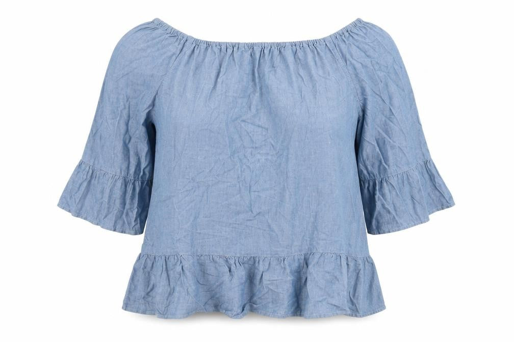 Front view of Tu women’s blue cotton basic blouse, size UK 18, off the shoulder