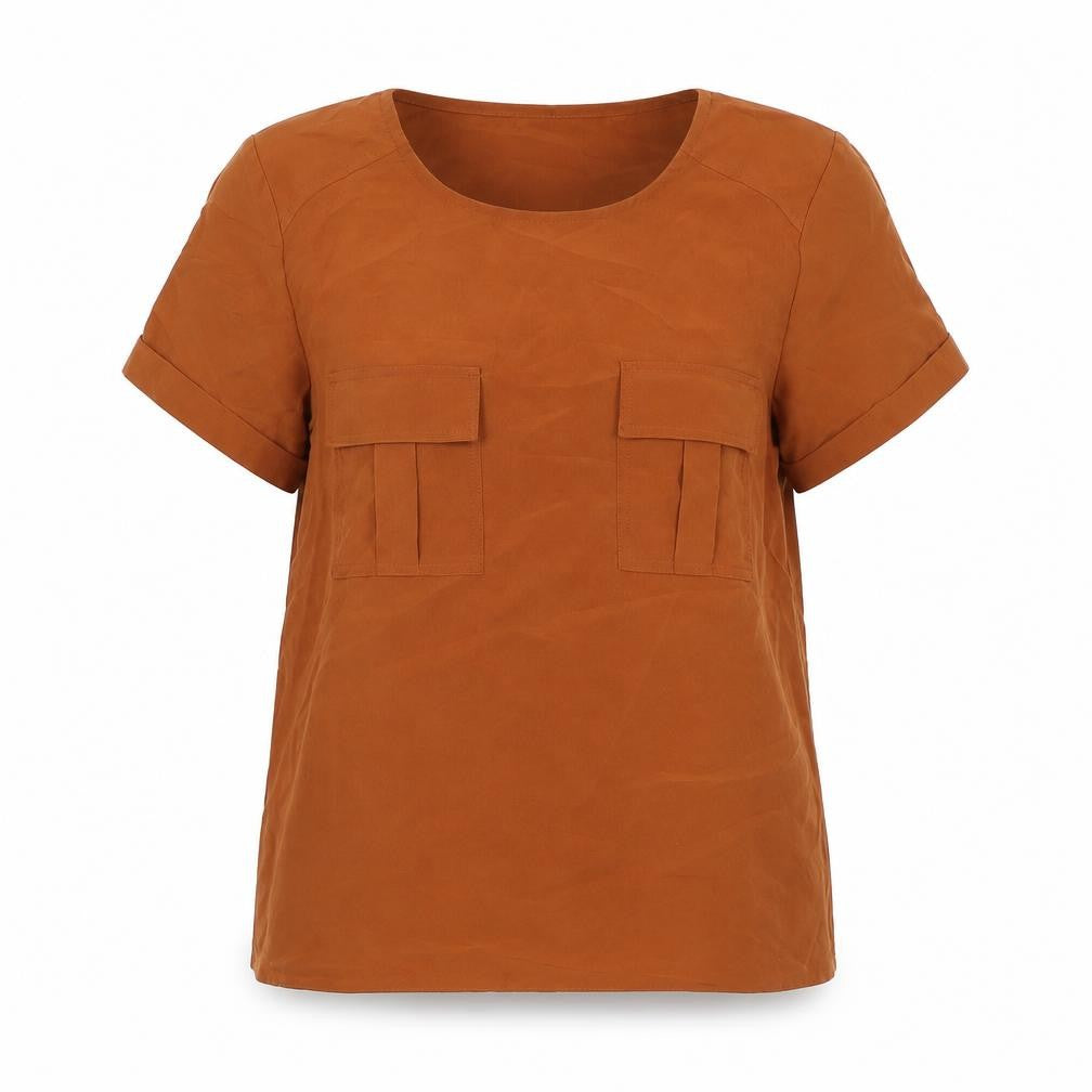 Front view of Select women’s brown polyester basic t-shirt, size UK 6, round neck