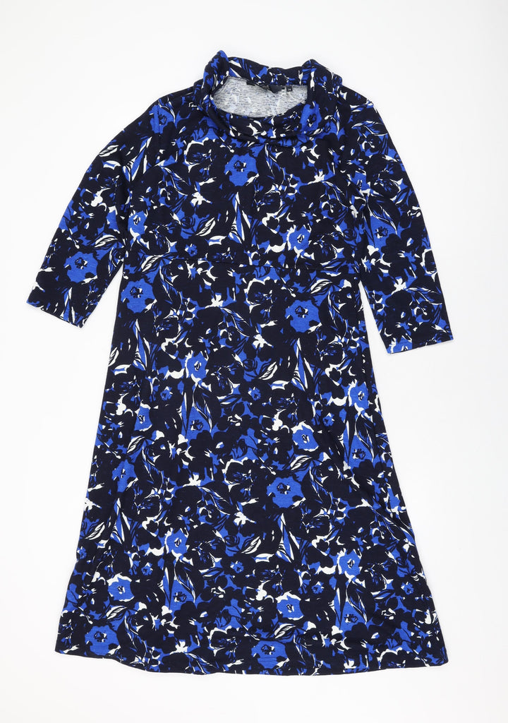 Isle Womens Blue Floral Polyester A-Line Size 14 High Neck Pullover