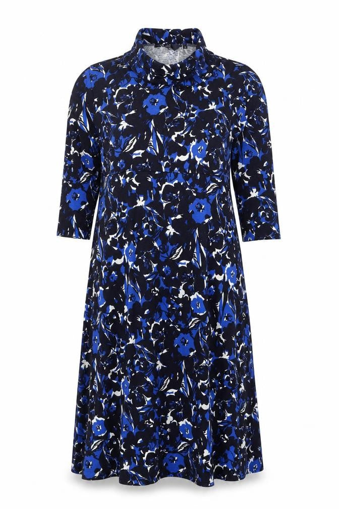 Front view of Isle women’s blue floral polyester a-line, size UK 14, high neck pullover
