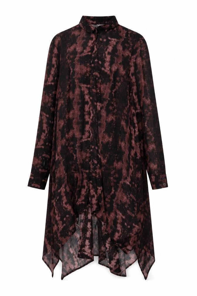 Front view of H&M women’s black geometric polyester shift, size UK 10, collared button